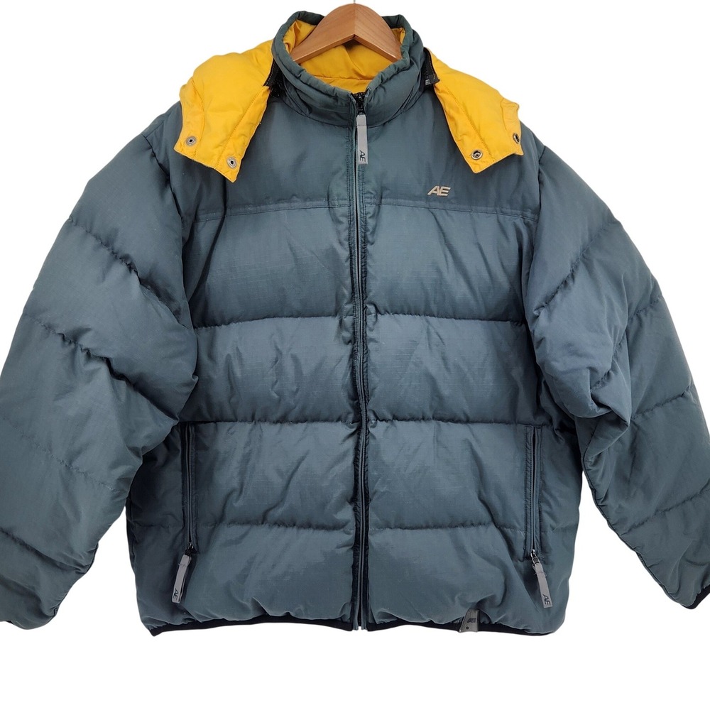 Y2K American Eagle AE77 Ripstop Down PufferJacket Mens Large Gray Gorpcore